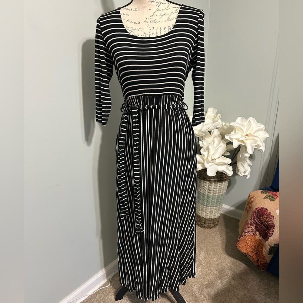 CJLA Black and White Striped Tie Dress